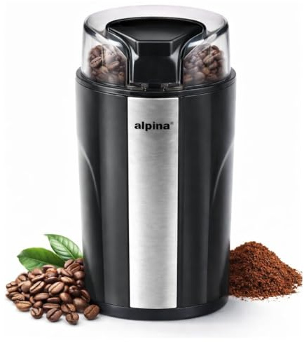 alpina 200 W elektrisk kaffekvarn - kaffekvarn för 7 g kaffebönor - med blad i rostfritt stål och säkerhetslås - svart