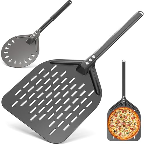 Yigowyigo 12 Inch Perforated Pizza Peel & 6 Inch Pizza Turning Peel, Hard Anodised Aluminium with Removable Handle, 2 Pcs Pizza Shovel Accessories Set for Turning and Transporting Pizza