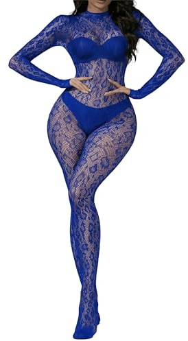 Eagerlove Body en Résille Femme Combinaison Léopard en Dentelle Bleu Royal