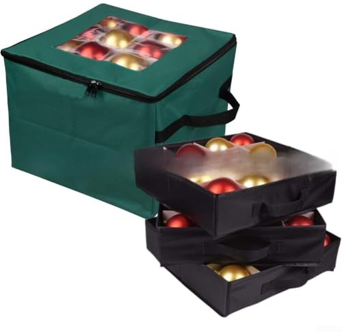 Scatola di smistamento ornamentale per Natale, con 3 vassoi impilabili e divisori integrati per riporre fino a 48 palline decorative (verde)