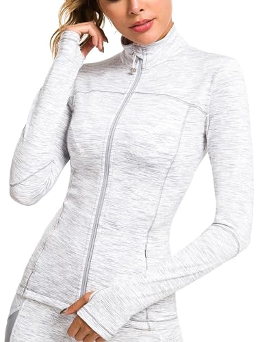 QUEENIEKE Womens Running Jacket Athletic Workout Jackets Track Full Zip Up Gym for Women Yoga Top Nurse Align Slim Fit Sport bbl Scrub Jacket Long Sleeve Sweater White Large