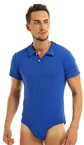 ranrann Hemd Herren Kragenhemd Body Bodysuit Einteiler Männer Strampler Overall T-Shirts Slim Fit Sommer Freizeit Shirt in Schwarz Blau M-2XL Blau Medium