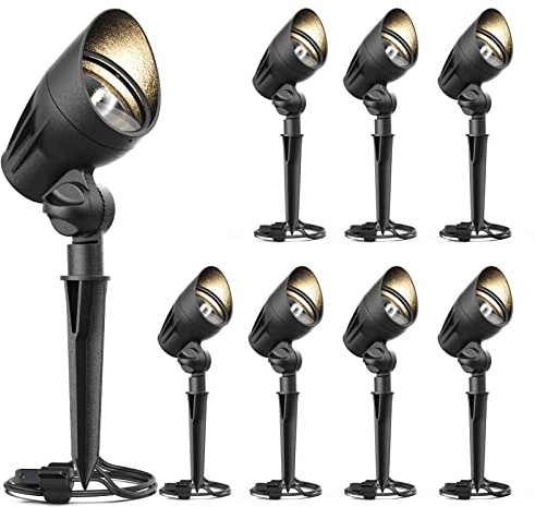 GOODSMANN Low Voltage Landscape Spotlights 50W 8PK Kits Outdoor Flood Lights 3000K Warm White Replaceable Halogen Bulb Outside Hardwired Lighting with Metal Stake Cable Connector