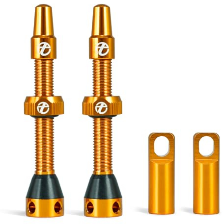 Thinvik válvula Presta tubeless 48mm - Kit ultraligero de válvulas tubeless para neumáticos - 2 piezas con tapón de aluminio y herramienta extraenúcleos (Naranja)