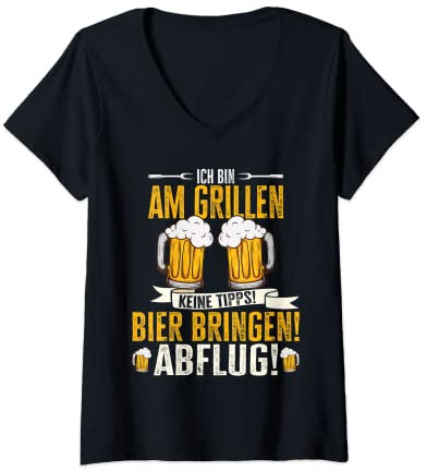 Womens Grillmeister Bin am Grill Papa BBQ Barbecue Evening V-Neck T-Shirt