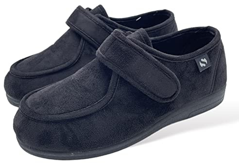 Zapatillas Hombre/Mujer con Velcro - Ancho Especial Pies Delicados - Antibacteriana Diabéticos Posoperatorio - Unisex - Negro y Marino - Tallas 36-48 (Negro Terciopelo Invierno, Numeric_37)