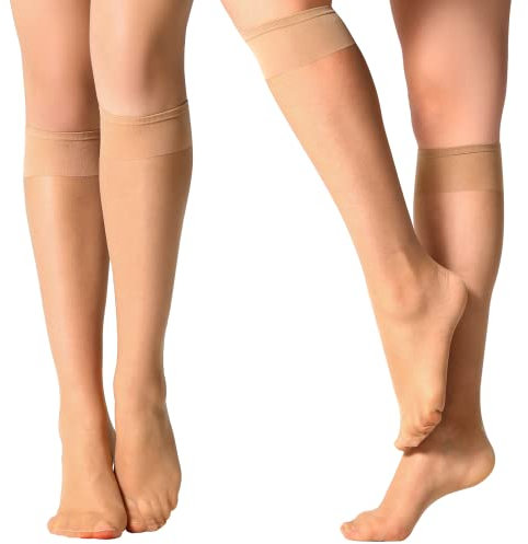 Yilanmy 12er-Pack Damen Nylon Kniestrümpfe 15 DEN Kniehohe Pop-Socken, Schwarz, Hautfarben,12 Paare Hautfarben