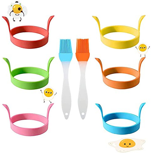 Silicone 6 Pcs Pancake Mould, 2 Pcs Brush, Round Egg Ring Moulds for Perfect Fried Eggs & Crumpets