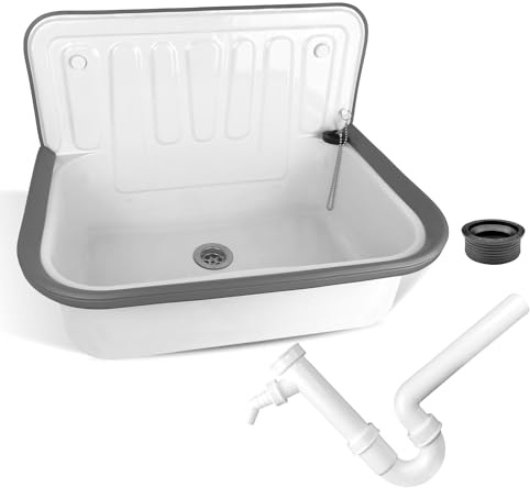 kör4u Komplettset Ausgussbecken weiß 50cm, aus robustem Stahl, inkl. Abflussstopfen, Kunststoff Siphon weiß 1 1/2 Zoll x 40mm, Gumminippel DN 40/50