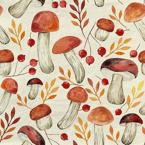 20 Servilletas de Papel Reciclado Con Diseño de Otoño, Setas y Hojas - Decoración de Mesa y Decoupage (33 x 33 cm)