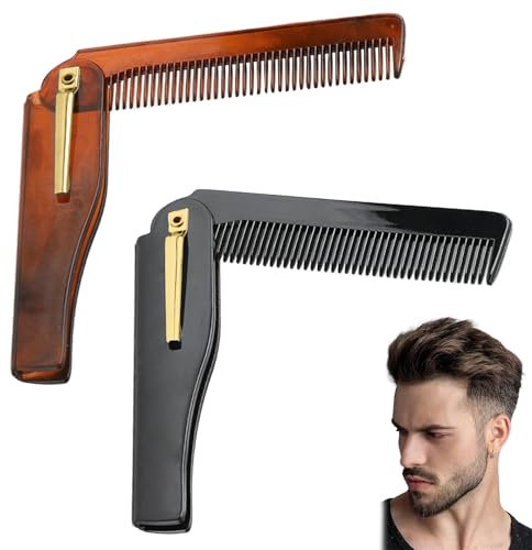 2 Pezzi Pettine Barba Pieghevole, Posizionamento Curvo Uomo Yak Horn Con Decorazione in Metallo per Baffi Tascabile Spazzola per Capelli Viaggio Cura Personale da Uomo (A)