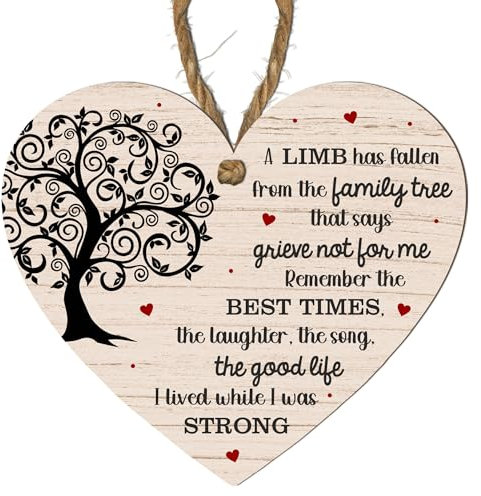 Handmade Wooden Heart Plaque - A Limb Has Fallen from the Family Tree - Memorial Hanging Decoration with Twine String - Ideal Bereavement Gift