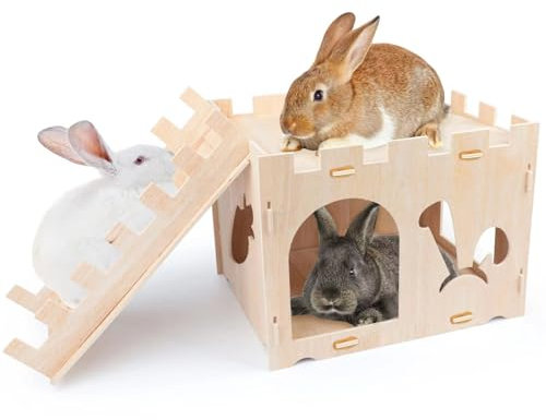 GroßE Kaninchenhaus, 42x35x34cm Hasenhaus Natural Hölzerne Kaninchen Burg Abnehmbar Kaninchenschloss Kleintier Versteck Kleintierhaus Hamster Haus für Kaninchen Meerschweinchen Chinchilla Lebensraum