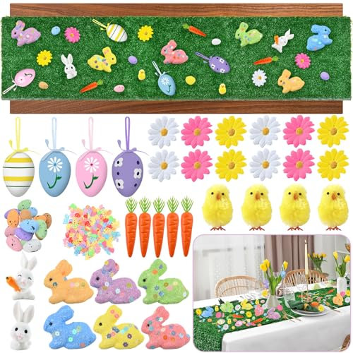 Abitoncc Runner da tavola pasquale con erba artificiale, 150 x 40 cm, uova di plastica pasquali, mini pulcini, runner in erba sintetica per primavera ed estate, tea party, decorazioni pasquali per