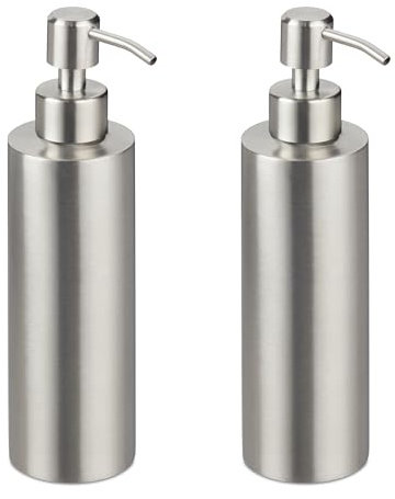 Relaxdays Dispenser di Sapone, Set da 2, 300 ml cad., Dosatore Ricaricabile Manuale per Bagno e Cucina, Argentato