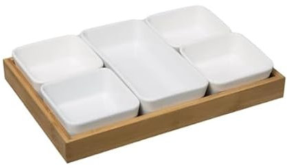Zafirova Bandeja para Aperitivos de Bambú con 5 Cuencos de Cerámica | Ideal para Quesos, Tapas y Salsas | Diseño Elegante | Regalo Premium para Reuniones y Fiestas
