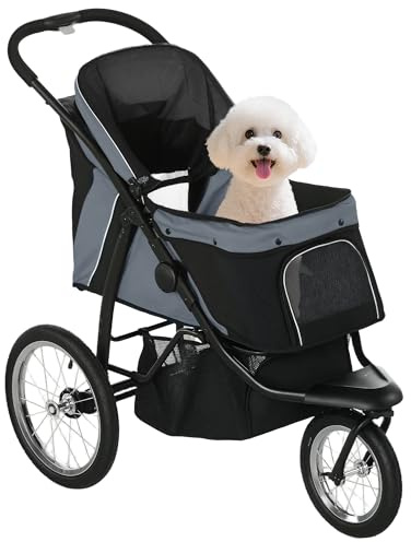 PawHut Carrito para Perros Plegable Cochecito para Mascotas Carrito para Perros Medianos Pequeños con Cesta Capota Ajustable Ventana de Malla y 3 Ruedas Grandes Carga 20 kg 111x58x107 cm Gris
