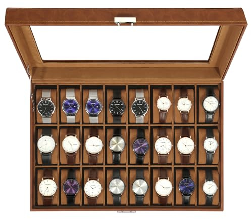 Uten Scatola Porta Orologi a 24 Scomparti, PU Porta Orologi, Serratura a Chiav, Coperchio in Vetro, Fodera in Velluto Marrone, Idea Regalo, Catola Portagioielli per Orologi Uomo e Donna