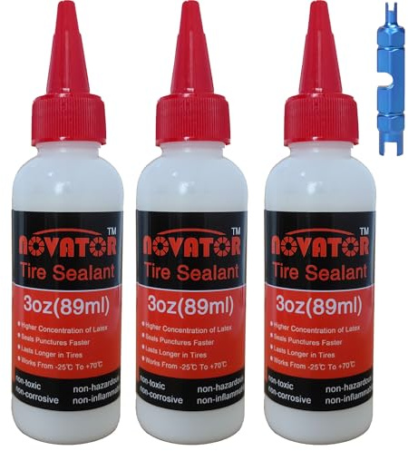NOVATOR High Performance Bike Tire Sealant for Tubeless, Tubulars, Seals Faster, Lasts Longer, Micro-Fiber for MTB, Road, Gravel, CX Bicycle Tires (3oz.sealant * 3 Bottle+Valve Tool)