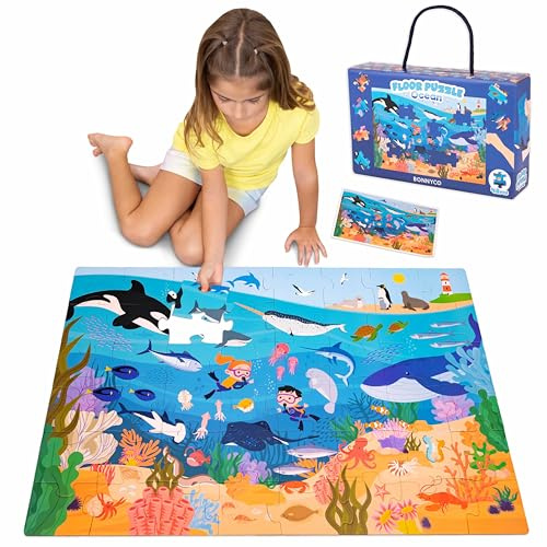 BONNYCO Puzzle Enfant Geant Animaux Marins avec 48 Pièces de Grande Taille. Jigsaw Puzzle XXL 92 x 62 cm pour Cadeau Enfant. Jouet Educatif Garcon et Fille 2-8 Ans