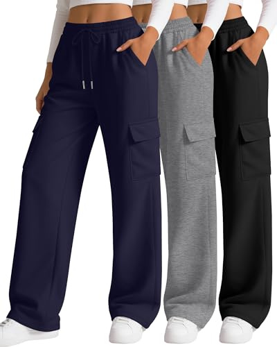 Neer 3 Pack Pantalones Cargo Deportivos para Mujer, Pantalones Holgados de Pierna Ancha, Joggers Casuales con 4 Bolsillos(Negro, Gris, Azul Marino,L)