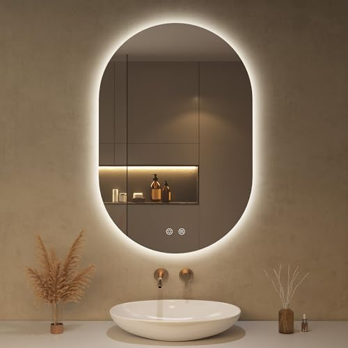 OUMUSU Spiegel mit Beleuchtung Oval LED Badspiegel 50 x 75 cm mit Touch-Schalter, Dimmbar 3 Lichtfarbe Einstellbare, Landebahnförmig Beschlagfrei Badezimmerspiegel mit Beleuchtung, Bruchsicher