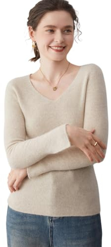 YuanDiann Damkashmir pullover stickad tröja V-krage höst vinter ull tröja 35 % kashmir 65 % ull mjuk hudvänlig varm bekväm elegant kashmir tröja, Mjölkkamel, XXL