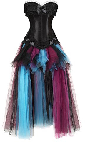 Grebrafan Gothic Lace up Boned Corset Bustier with Long Tulle Tutu Skirt (UK(12-14) XL, Black)