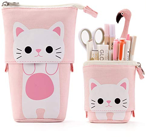 EASTHILL Cartoon Cute Cat Pencil Pouch Canvas Pen Bag Standing Stationery Case Holder Box Student (Pink)