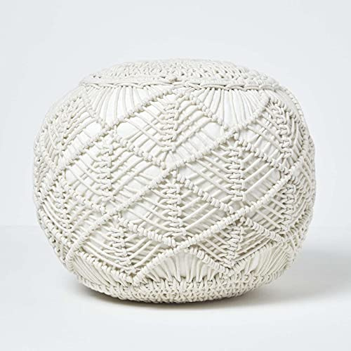 HOMESCAPES Pouf in macramè naturale lavorato a maglia, alto 35 cm, imbottito all'uncinetto, rotondo, 100% cotone, design intrecciato, 35 x 40 cm