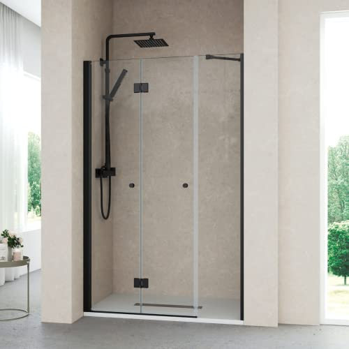 Mampara de Ducha Frontal Puerta Plegable + 1 Fijo TRANSPARENTE | Cabina Ducha de Apertura Plegable + Cristal Fijo Lateral | Vidrio 6mm Antical | 195cm Altura | Negro | 130 cm