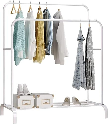 edihome, Stand Appendiabiti, Doppio, 113x21x5cm Vestitore, Appendiabiti da Terra, Resistente, Metallico, con Supporto per Scarpe (Bianco)
