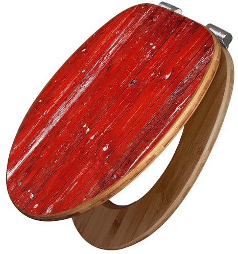 banjado Design WC Sitz Bambus Absenkautomatik 45,8x37,5cm / Toilettendeckel mit Absenkautomatik Holz/hochwertiger Bambus Klodeckel/WC-Sitz für gängigen Toiletten/Motiv Rote Holzlatten