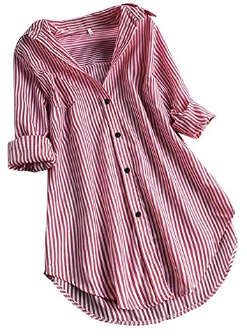 Bianco Button Down Casual Lungo Spacco Donna Button Sleeve Camicia A Righe Stampato A Righe Button Down Camicia Donna, Zza-Rosso, XX-Large