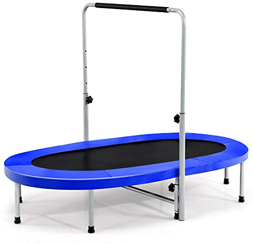 COSTWAY Trampolino Elastico da Interno ed Esterno, Tappetino Elastico Pieghevole per Adulti e Bambini con Maniglia Regolabile, Molle e Cuscinetto di Sicurezza (Blu)