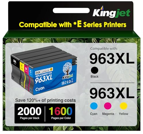 KINGJET 963XL Tintenpatronen Multipack, Wiederaufbereitet für HP 963 Tintenpatronen Multipack, für OfficeJet Pro 9010 9010e 9012 9014e 9015 9016 9018e 9019 9020 9022 9025e (Schwarz Gelb Cyan Magenta)