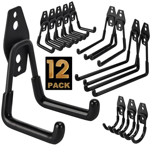 TECHSHARE Garage Hooks, 12 Pack Heavy Duty Wall Hooks, 4 Sizes Storage Hook for Garden Tools, Sports Equipment, Garage Organization