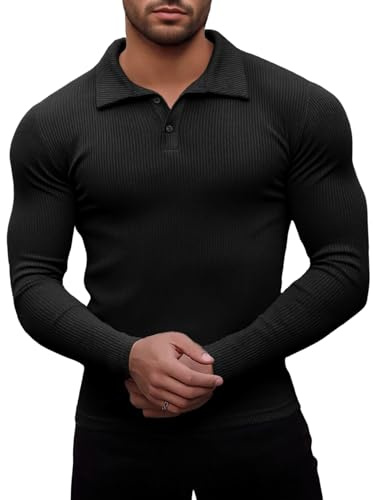 Agilelin Men's Muscle Slim Fit Polo Shirts Long Sleeve Stretch T-Shirts Casual Stylish Tee for Golf Workout(Black/L)