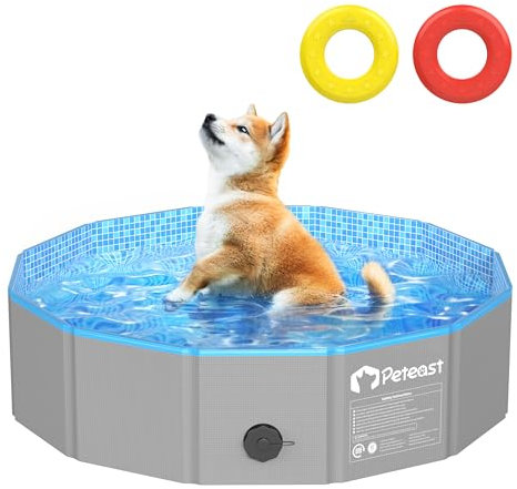 Peteast Foldable Dog Pool with 2 Flying Disks, Durable Hard Plastic Dog Swimming Pools for Large Dogs, Collapsible Pet Pool for Backyard & Indoor, Ideal Kiddie Pools for Dogs and Kids, 32 in