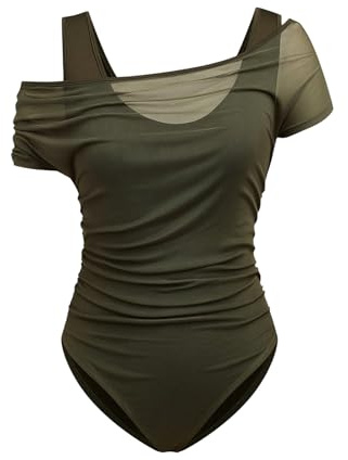 WDIRARA Women's Plus Size 2 in 1 Mesh Off Shoulder Bodysuit Ruched Short Sleeve Tee Top Army Green 4X-Large Plus
