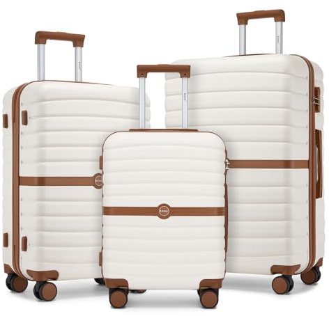 KONO Set 3 Valigie Rigide ABS+PC Trolley con 8 Ruote Leggero (55+66,5+76,5 cm, Crema/Marrone)
