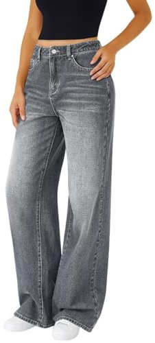 Pantalon taille haute pour femmes, coupe large et droite, style baggy, denim, ajusté décontracté, style Y2K pour femmes, gris, S