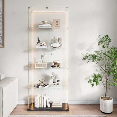 belupai Vetrine 5 ripiani in vetro, 78,5 x 34,5 x 186,5 cm, vetrina su piedistallo con LED e 2 porte, mobile vetrina, armadio portaoggetti AVCE serratura, vetrina da collezione per collezionisti