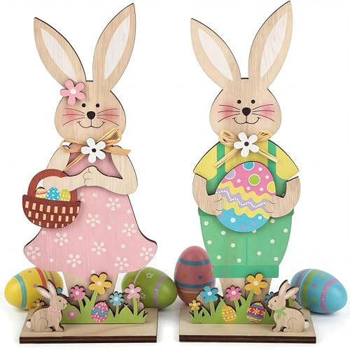 FWHFNB 2 Pezzi Coniglietto Pasquale in Legno,Espositori Decorativi per Pasqua,Coniglietti pasquali Decorativi,per Pasqua Decorazione Pasquale per Feste Giardino Casa