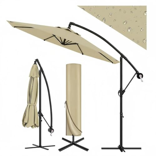 GarveeLife Sonnenschirm ø 300 cm, Ampelschirm Mit Kurbel | Sonnenschirm Mit Ständer & Windschutz | Gartenschirm UV-Schutz Wasserdicht | Kurbelschirm Für Terrasse & Balkon, Khaki