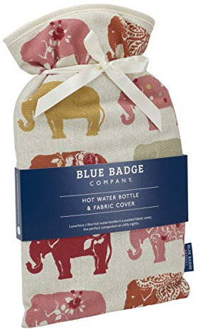 Blue Badge Co 2 Litre Large Hot Water Bottle with Padded Cotton Cover Indian Elephant Pattern Rubber Bottle Included