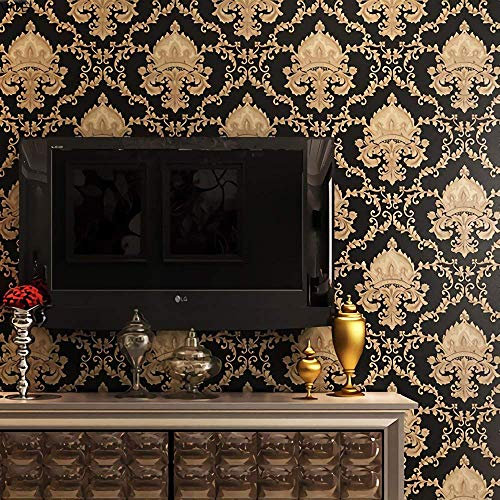Rouleau de papier peint YangYun de européen vintage damassé en PVC texturé pour décoration de la maison, salon, chambre à coucher, 0,53 m x 10 m = 5,3 m², PVC, Cuivre noir., 1.73' W x 32.8' L