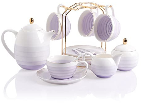 Sweejar Porcelain Tea Sets, 8 OZ Cups & Saucer Service for 4, Teapot Sugar Bowl Cream Pitcher Teaspoons and Tea Strainer for Adult Tea Coffee Afternoon Party (Purple)