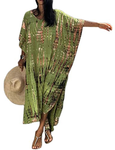 Baynetin Women Kaftan Dress,Free Size Loose Long Caftans Short Sleeve Tunic Kimono Everyday Swimwear Beach Bathing Suit Cover Ups Loungewear Robes (Green, One Size)