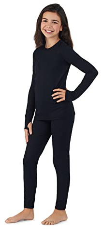 Cuddl Duds Girls Heavyweight Fleece Lined 2 Piece Thermal Underwear Set – Long Sleeve Shirt & Leggings Base Layer for Cold Weather – Winter Clothing Long Johns Lounge Sets for Kids, Black, S